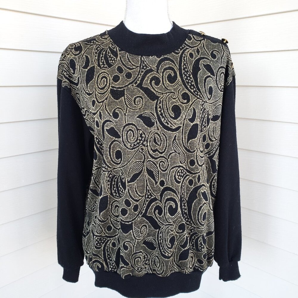 Vintage 80s/90s AREO Black long sleeve sweater top with silver metallic design
